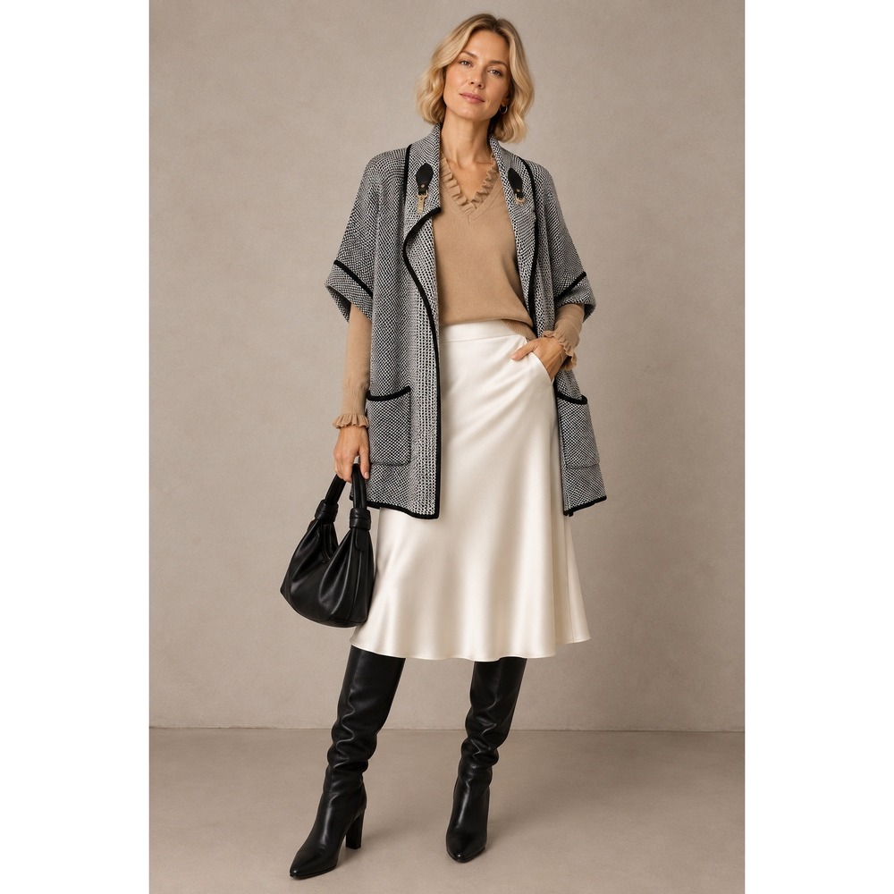 APT. 9 NWT Womens O/S Knit Cape Poncho Black White Faux Leather Buckle Pockets